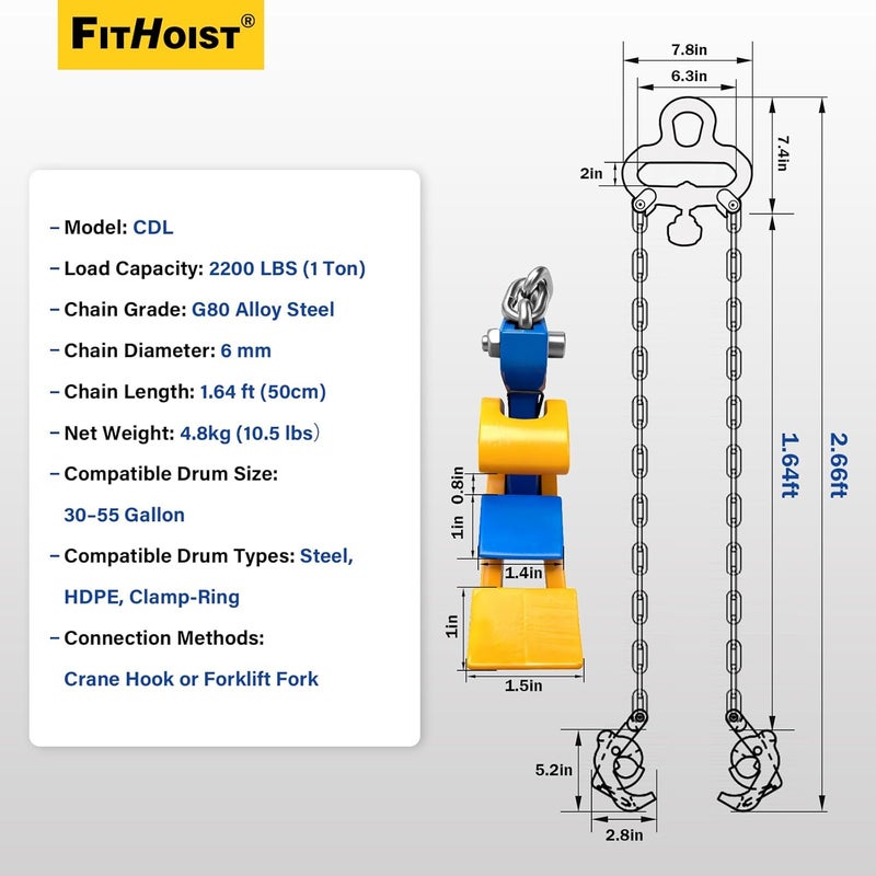 FITHOIST 55 Gallon Drum Lifter, 1Ton Barrel Lifting Chain for Steel & Plastic Drums, Barrel Clamp with 2 Spring-Loaded Locking Hooks, Fork Ring w/Stabilizer, Fits for Forklift & Crane - Image 2